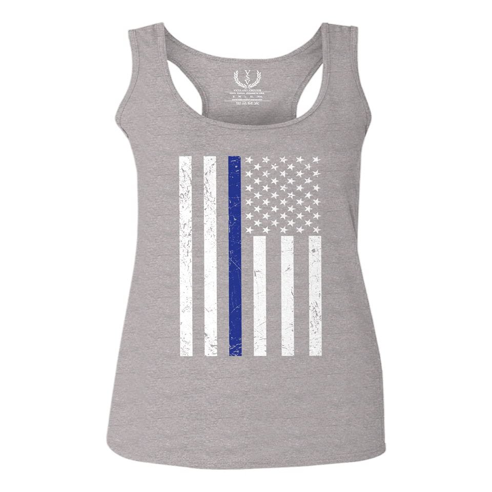 0075. Big Flag USA American Police Support Blue Lives Matter Thin Line Patriotic Style Women's Tank Top Racerback (Light Gray X Small)