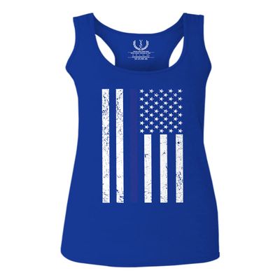 0075. Big Flag USA American Police Support Blue Lives Matter Thin Line Patriotic Style Women's Tank Top Racerback (Royal X Small)