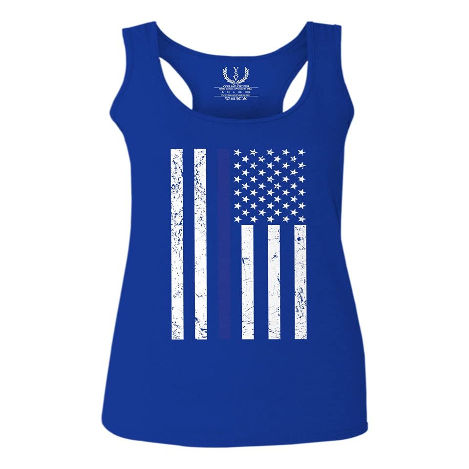 0075. Big Flag USA American Police Support Blue Lives Matter Thin Line Patriotic Style Women's Tank Top Racerback (Royal X Small)
