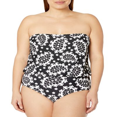 Anne Cole Women's Bandeau Blouson One Piece Swimsuit, Black White, 24W