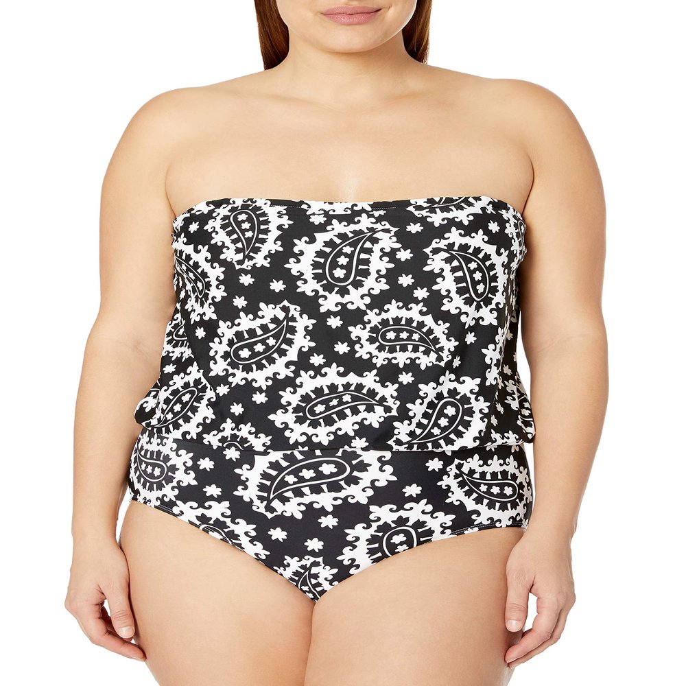 Anne Cole Women's Bandeau Blouson One Piece Swimsuit, Black White, 24W
