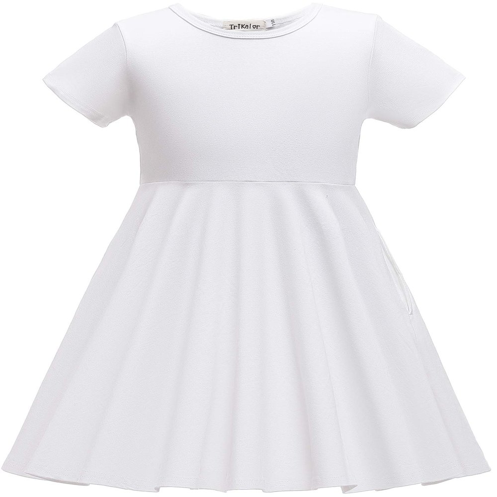 TriKalor Girls Dresses Short Sleeve Solid Color Skater Casual Twirly Dress with Pockets White 4-5T