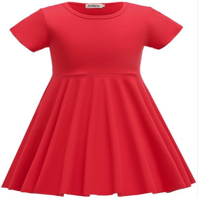TriKalor Girls Dresses Short Sleeve Solid Color Skater Casual Twirly Dress with Pockets Red 10-12 Years