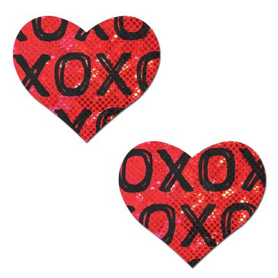 PASTEASE Valentines Pasties - Nipple Covers Lingerie, Raves, & Festivals | Halloween Accessory | Latex Free & Made in USA (Red with Black XOXO Heart)
