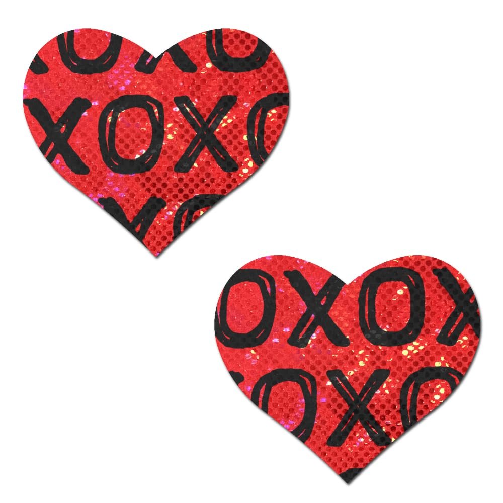 PASTEASE Valentines Pasties - Nipple Covers Lingerie, Raves, & Festivals | Halloween Accessory | Latex Free & Made in USA (Red with Black XOXO Heart)