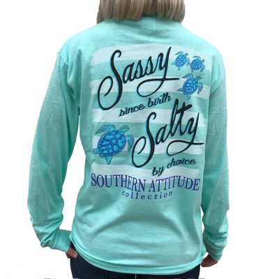 Southern Attitude Salty by Choice Sea Turtles Sea Foam Green Long Sleeve Women's Shirt (3X-Large)