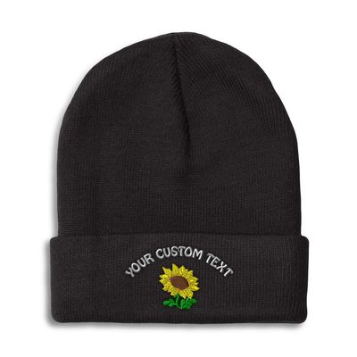 Custom Beanies for Men Plants Fringe Sunflower Embroidery Skull Cap Winter Hats for Women Acrylic One Size Black Personalized Text Here
