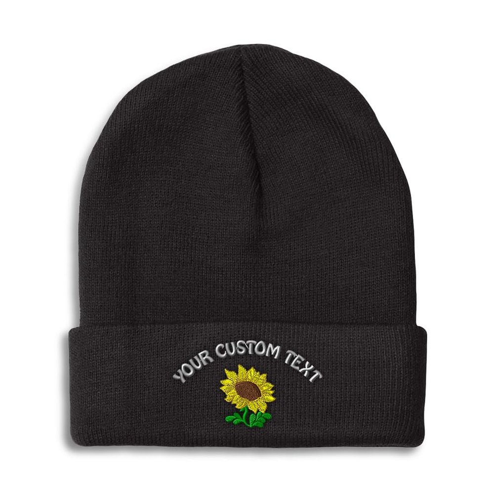 Custom Beanies for Men Plants Fringe Sunflower Embroidery Skull Cap Winter Hats for Women Acrylic One Size Black Personalized Text Here