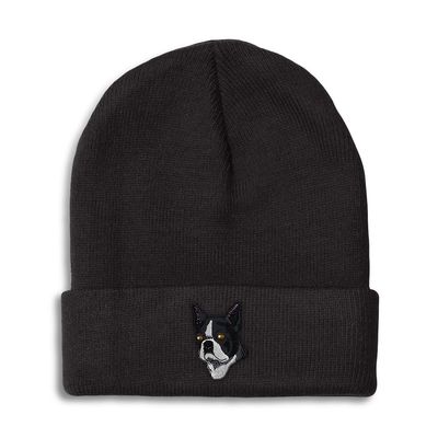 Beanies for Men Boston Terrier Dog Head Round-Headed Skull Cap Winter Hats Women Acrylic One Size Black Design Only