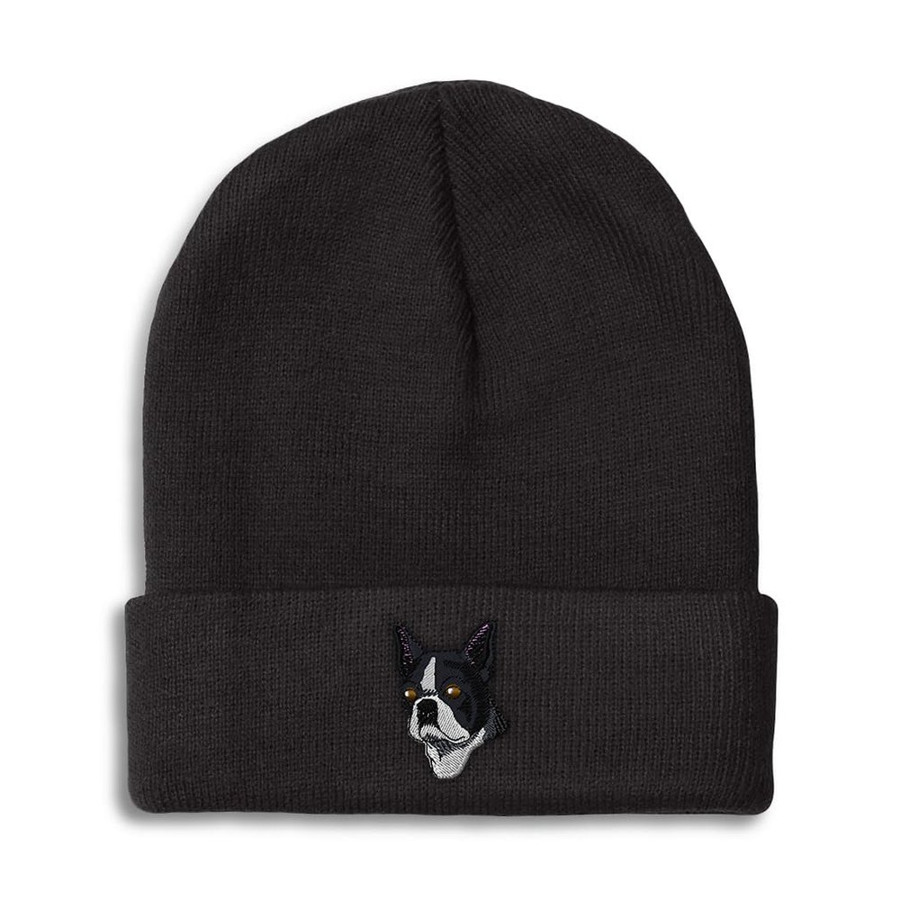 Beanies for Men Boston Terrier Dog Head Round-Headed Skull Cap Winter Hats Women Acrylic One Size Black Design Only