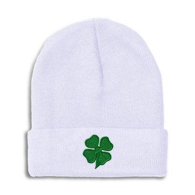 Beanies for Men 4 Leaf Clover Embroidery St Patrick's Day Shamrock Winter Hats for Women Acrylic Skull Cap 1 Size White Design Only