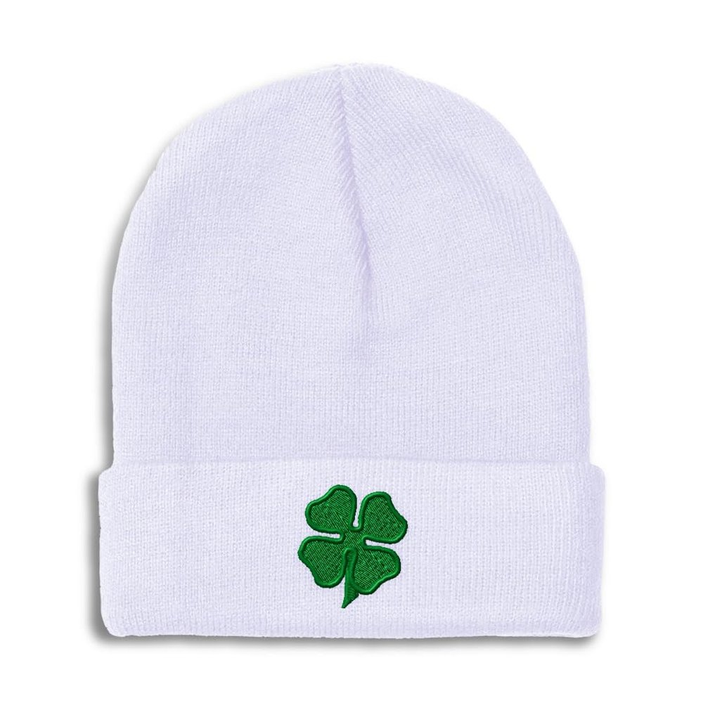 Beanies for Men 4 Leaf Clover Embroidery St Patrick's Day Shamrock Winter Hats for Women Acrylic Skull Cap 1 Size White Design Only