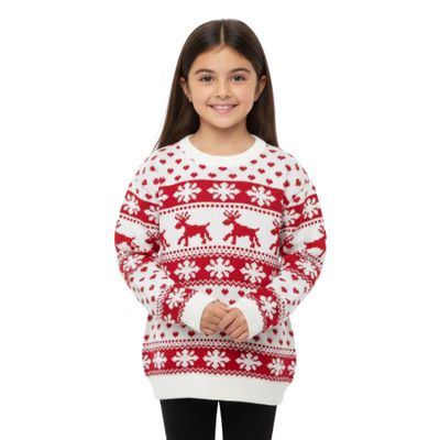 Janisramone New Kids Girls Boy Reindeer Print Christmas Jumper Children Retro Winter Sweater
