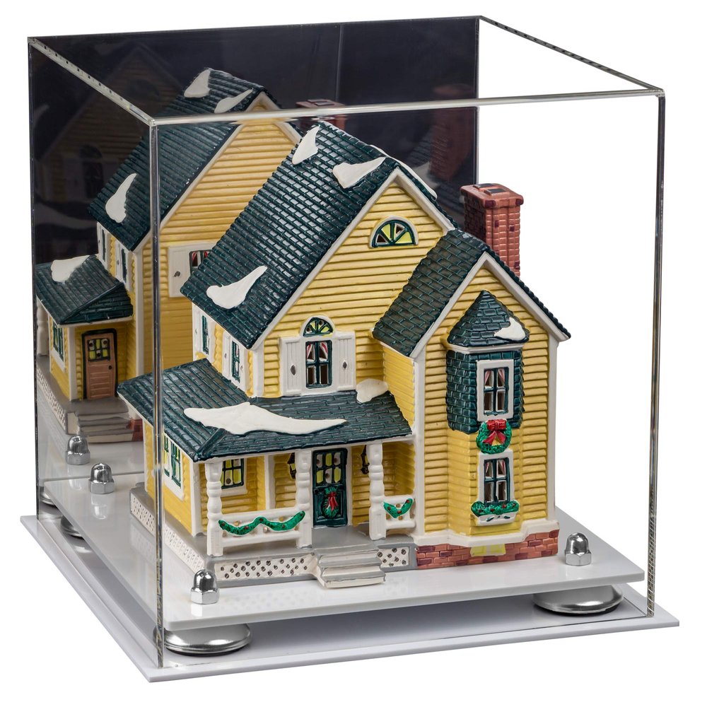 Better Display Cases Versatile Acrylic Display Case - Medium Square Box with Mirror, Silver Risers and White Base 10" x 10" x 10" (A028-SR)