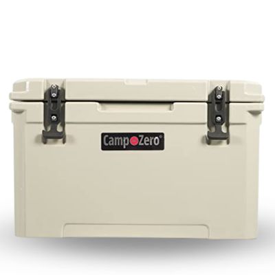 CAMP-ZERO 40L | 42.26 Quart Cooler/Ice Chest with 4 Molded-in Cup Holders & Comfort Grip Rope Handles | Thick Walled, Freezer Grade Cooler w/Secure Locking System & Tie Down Channels (Beige)