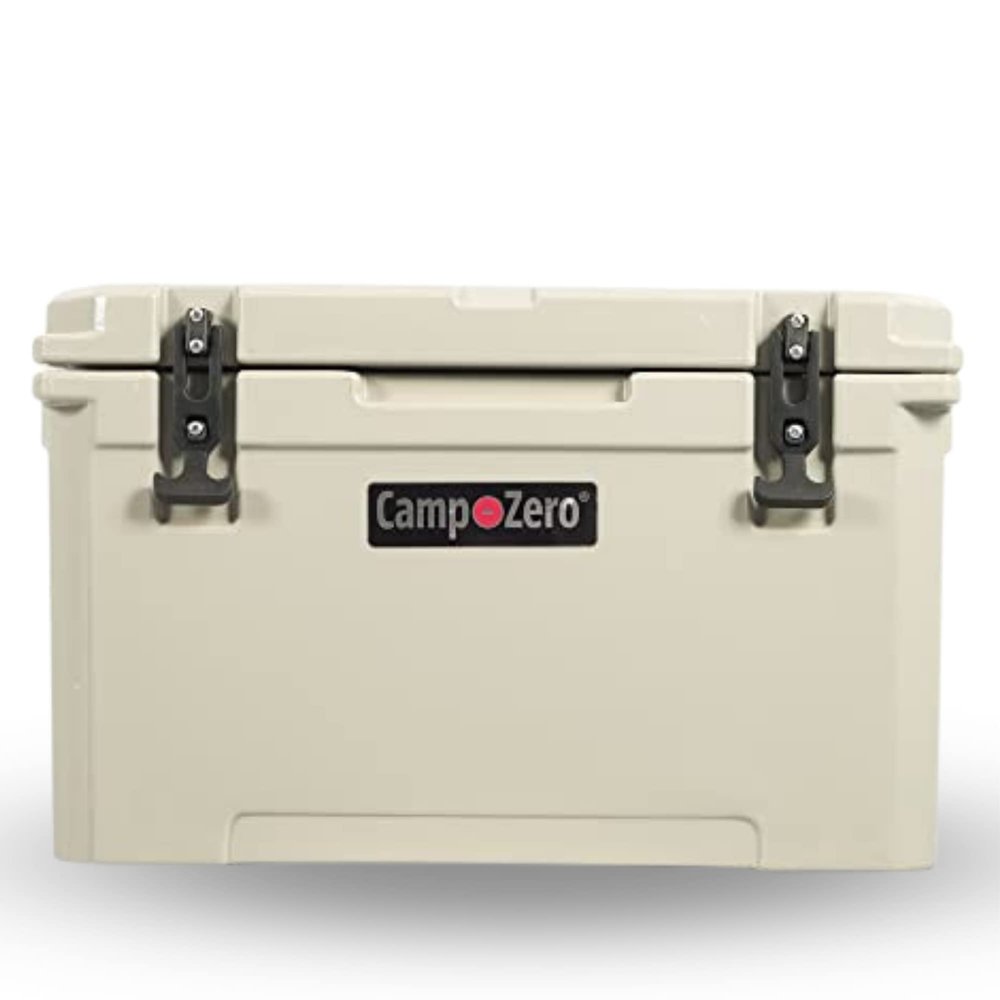 CAMP-ZERO 40L | 42.26 Quart Cooler/Ice Chest with 4 Molded-in Cup Holders & Comfort Grip Rope Handles | Thick Walled, Freezer Grade Cooler w/Secure Locking System & Tie Down Channels (Beige)