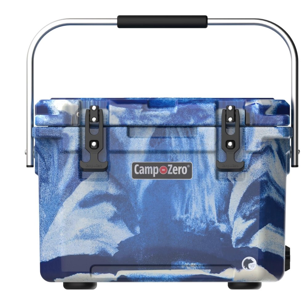 CAMP-ZERO 21 Quart Rotomolded Hard Cooler - Insulated Ice Chest with 4 Cup Holders - Bear-Proof Travel Ice Box for Beverage, Drink, BBQ, Fishing, Camping, Outdoor, Blue/White