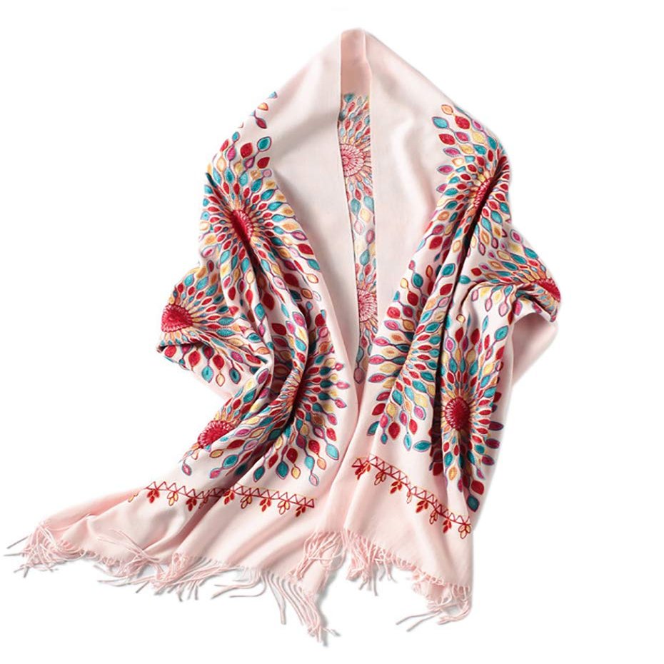 Urban CoCo Women's Embroidered Oversize Tassel Shawl Scarf Wraps for Women (Pink)