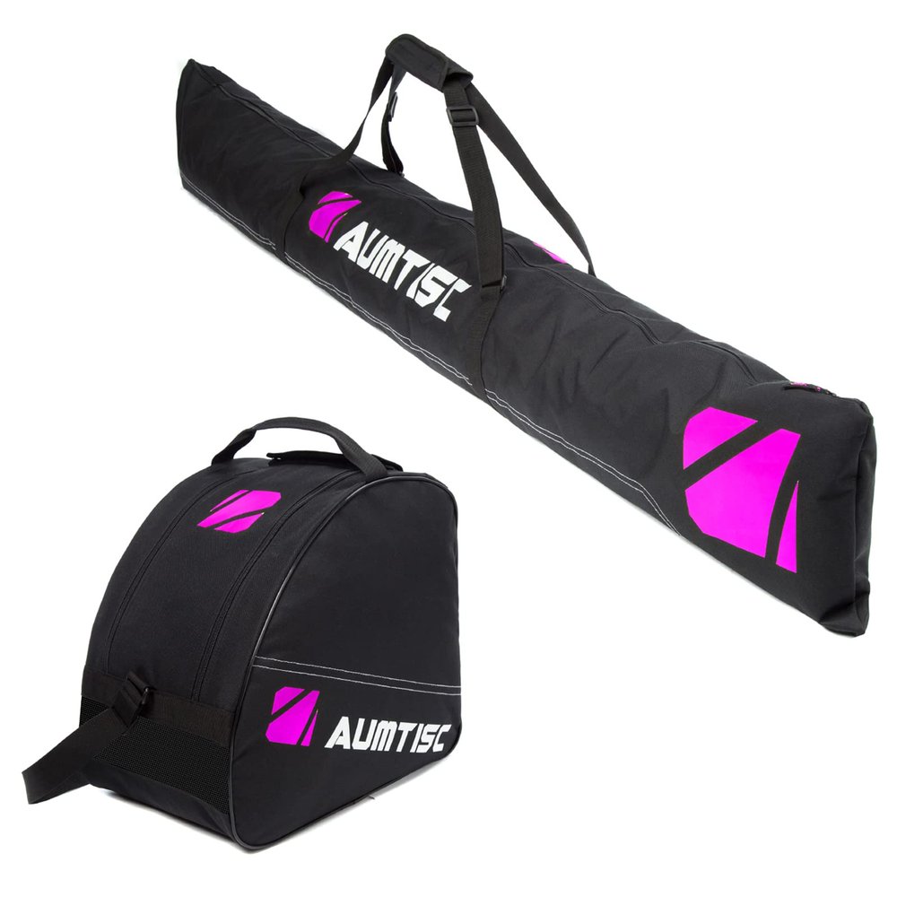 AUMTISC Ski and Boot Bag Combo, Padded Snow Ski Bags for Air Travel Flying, 2 Piece Set Skiing Bag, Adjustable Length Ski Travel Bags for Skis Up to 200cm and Boots Up to Size 13 (Padded, Rose)