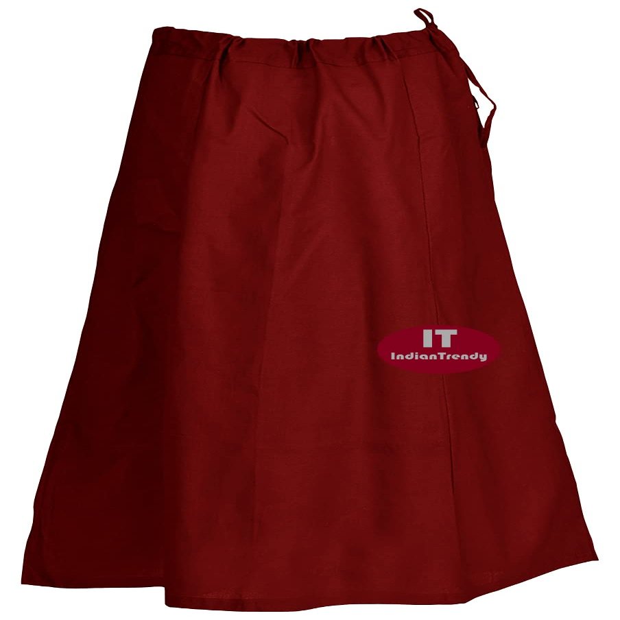 Indian Trendy Sari Petticoat Cotton Stitched Adjustable Waist Saree Underskirt Lining Skirt - One Size - Burgundy