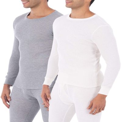 Fruit of the Loom Men's Classic Midweight Waffle Thermal Underwear Crew Top (1 & 2 Packs) (Large, Light Grey Heather/Natural)
