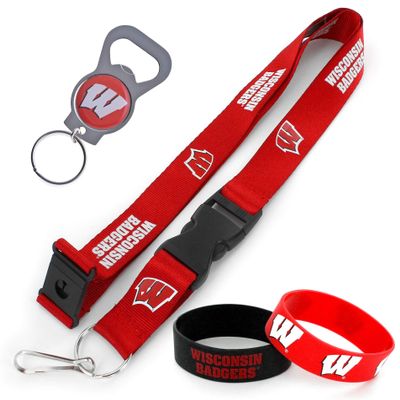 aminco NCAA Wisconsin Badgers Team Lanyard, Bottle Opener Keyring and Rubber Wristbands Gift Bundle