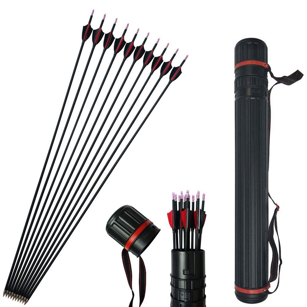 ZSHJGJR 31Inch Archery Carbon Arrows Spine 1000 Target Arrows Hunting Arrows with 2" Turkey Feathers Field Tips for Compound Recurve Bow Targeting Shooting 12PCS (Red & Black 12pcs + Quiver)