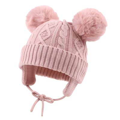 JANGANNSA Cute Knitted Boys Girls Christmas Beanie Warm Earflap Winter Hat Infant Toddler Baby Beanie 0-6Y (L, Skin Pink Pompom)