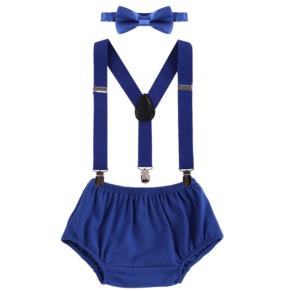 ODASDO Infant Baby Boy 1st First Birthday Cake Smash Outfit Y-back Suspenders + Diaper Cover Bloomers Cotton PP Pants + Bow Tie Photography Photo Props Gentleman Tuxedo Set 3pcs Royal Blue