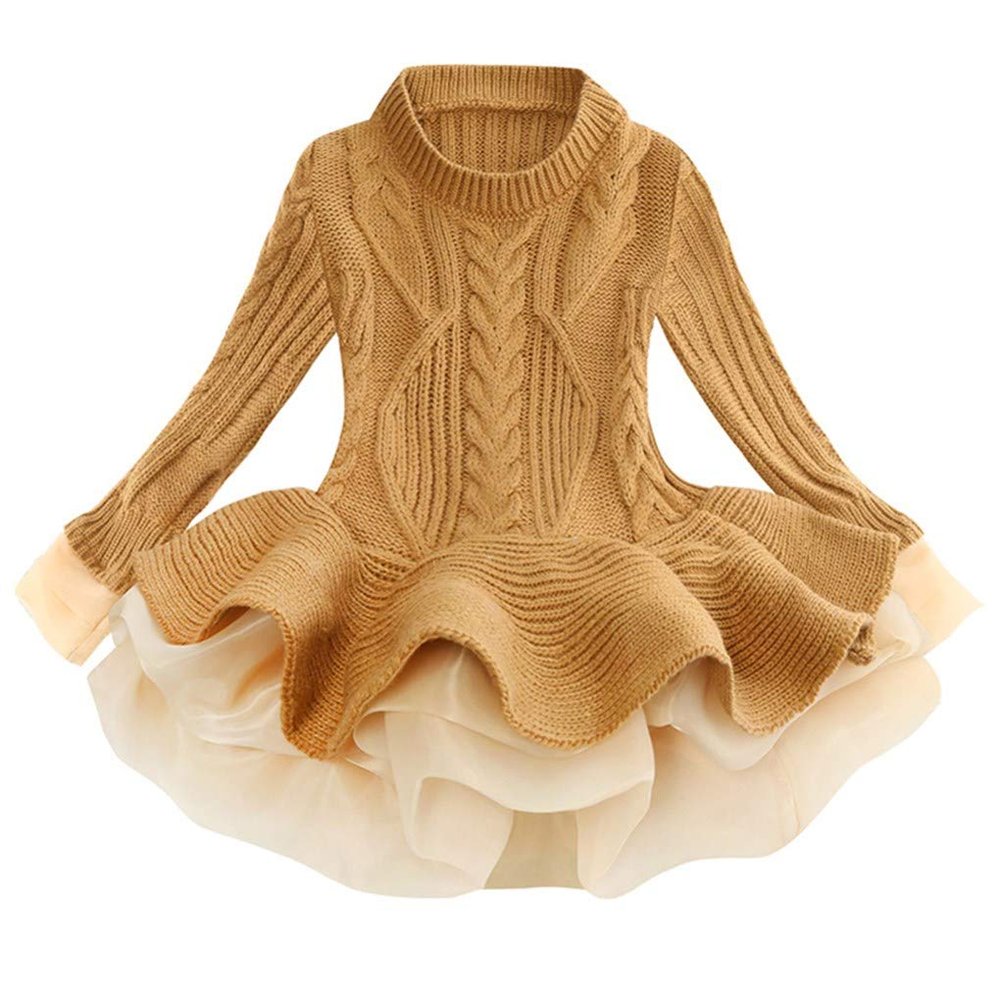 XYSSWW Girl Autumn Winter Party Knitted Long Sweater Dress (Brown, 7-8T)