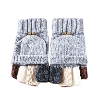Winter Thickened Men Gloves Wool Knit Gloves Convertible Fingerless Gloves (Light grey)