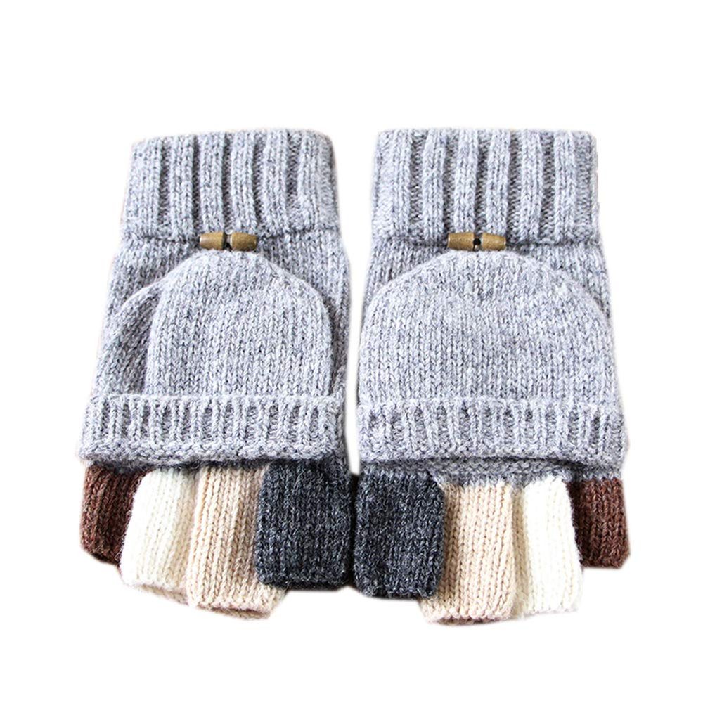 Winter Thickened Men Gloves Wool Knit Gloves Convertible Fingerless Gloves (Light grey)