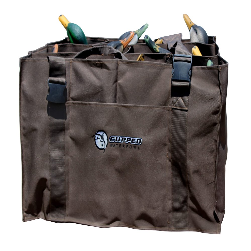 Cupped Waterfowl 12 Slot Duck Decoy Bag, Camo Hunting Bag with 12 Individual Slots for Duck Decoys and Tough Coated Mesh Ventilated Bottom, Brown