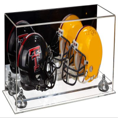 Better Display Cases Acrylic Double Mini - Miniature (not Full Size) Football Helmet or Mini Goalie Mask Display Case with Mirror Case, Silver Risers and Clear Base (A019-SR)