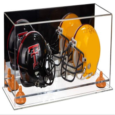 Better Display Cases Acrylic Double Mini - Miniature (not Full Size) Football Helmet or Mini Goalie Mask Display Case with Mirror Case, Orange Risers and Clear Base (A019-OR)