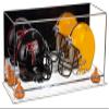 Better Display Cases Acrylic Double Mini - Miniature (not Full Size) Football Helmet or Mini Goalie Mask Display Case with Mirror Case, Orange Risers and Clear Base (A019-OR) view 1