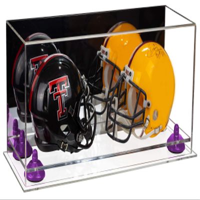 Better Display Cases Acrylic Double Mini - Miniature (not Full Size) Football Helmet or Mini Goalie Mask Display Case with Mirror Case, Purple Risers and Clear Base (A019-PR)