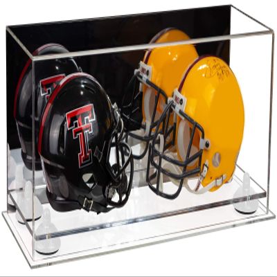 Better Display Cases Acrylic Double Mini - Miniature (not Full Size) Football Helmet or Mini Goalie Mask Display Case with Mirror Case, White Risers and Clear Base (A019-WR)