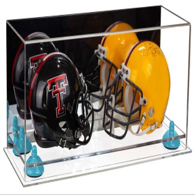 Better Display Cases Acrylic Double Mini - Miniature (not Full Size) Football Helmet or Mini Goalie Mask Display Case with Mirror Case, Light Blue Risers and Clear Base (A019-BLR)