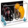 Better Display Cases Acrylic Double Mini - Miniature (not Full Size) Football Helmet or Mini Goalie Mask Display Case with Mirror Case, Light Blue Risers and Clear Base (A019-BLR) view 1