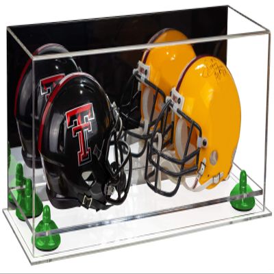 Better Display Cases Acrylic Double Mini - Miniature (not Full Size) Football Helmet or Mini Goalie Mask Display Case with Mirror Case, Green Risers and Clear Base (A019-GRR)