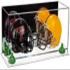 Better Display Cases Acrylic Double Mini - Miniature (not Full Size) Football Helmet or Mini Goalie Mask Display Case with Mirror Case, Green Risers and Clear Base (A019-GRR) view 1