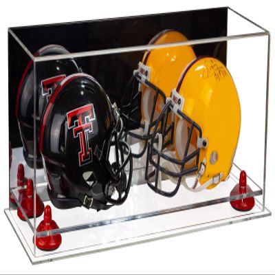 Better Display Cases Acrylic Double Mini - Miniature (not Full Size) Football Helmet or Mini Goalie Mask Display Case with Mirror Case, Red Risers and Clear Base (A019-RR)