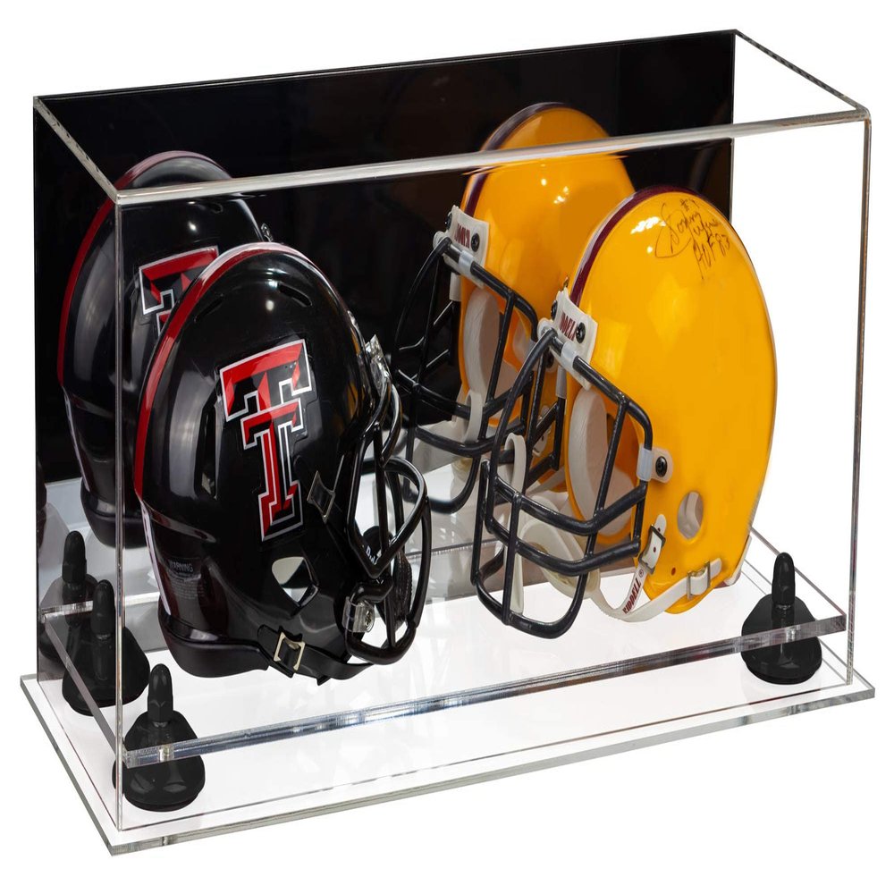 Better Display Cases Acrylic Double Mini - Miniature (not Full Size) Football Helmet or Mini Goalie Mask Display Case with Mirror Case, Black Risers and Clear Base (A019-BR)