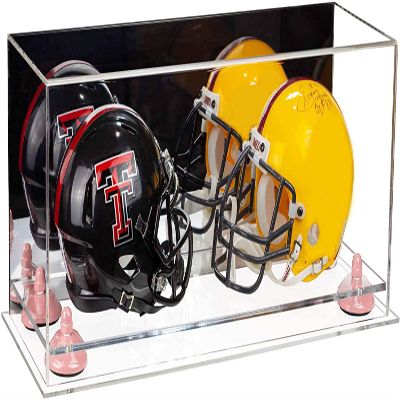 Better Display Cases Acrylic Double Mini - Miniature (not Full Size) Football Helmet or Mini Goalie Mask Display Case with Mirror Case, Pink Risers and Clear Base (A019-PNR)