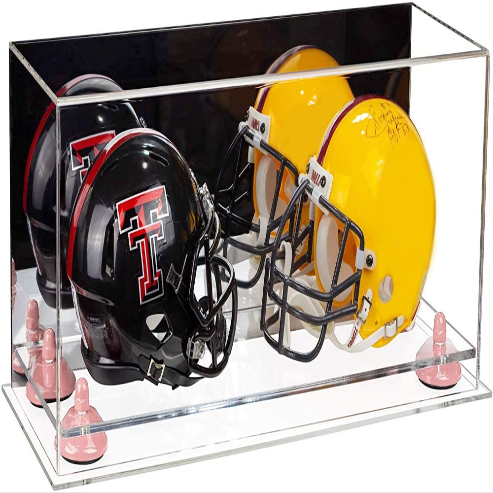 Better Display Cases Acrylic Double Mini - Miniature (not Full Size) Football Helmet or Mini Goalie Mask Display Case with Mirror Case, Pink Risers and Clear Base (A019-PNR)