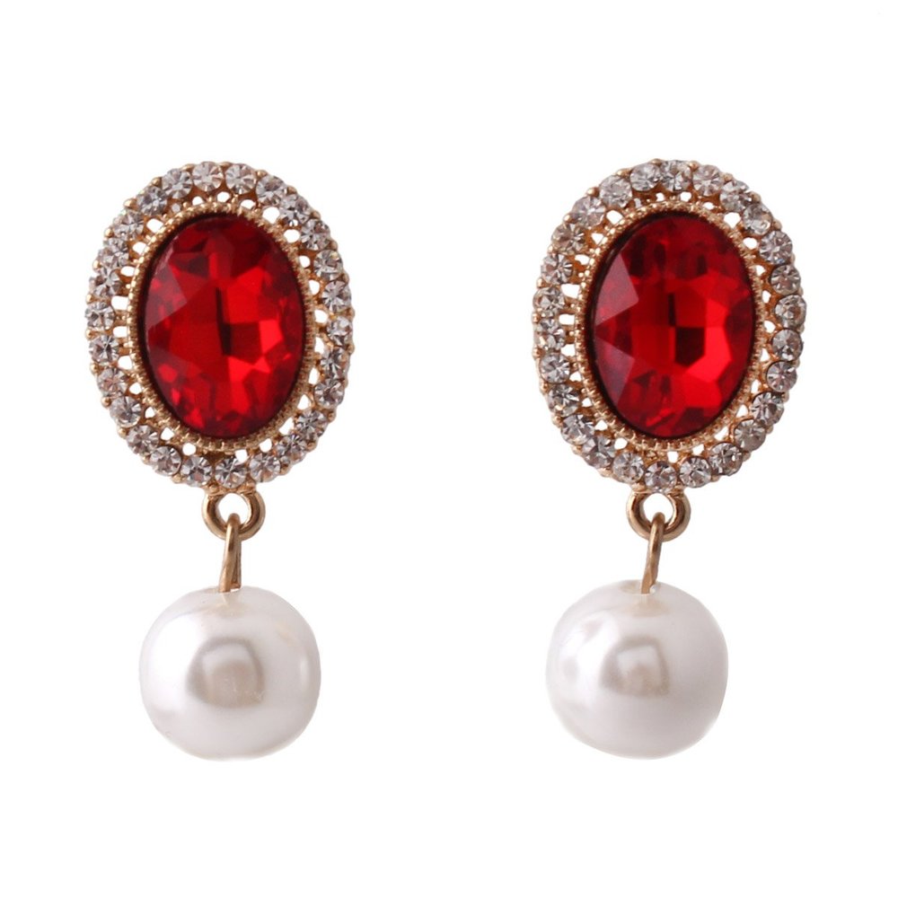 Grace Jun Gold Plated Rhinestone Crystal Simulated Pearl Clip-on Drop Earrings (XHEJ256-Red)
