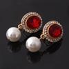 Grace Jun Gold Plated Rhinestone Crystal Simulated Pearl Clip-on Drop Earrings (XHEJ256-Red) view 3