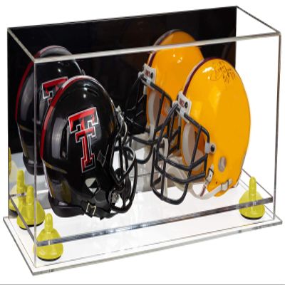 Better Display Cases Acrylic Double Mini - Miniature (not Full Size) Football Helmet or Mini Goalie Mask Display Case with Mirror Case, Yellow Risers and Clear Base (A019-YR)