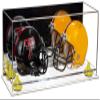 Better Display Cases Acrylic Double Mini - Miniature (not Full Size) Football Helmet or Mini Goalie Mask Display Case with Mirror Case, Yellow Risers and Clear Base (A019-YR) view 1